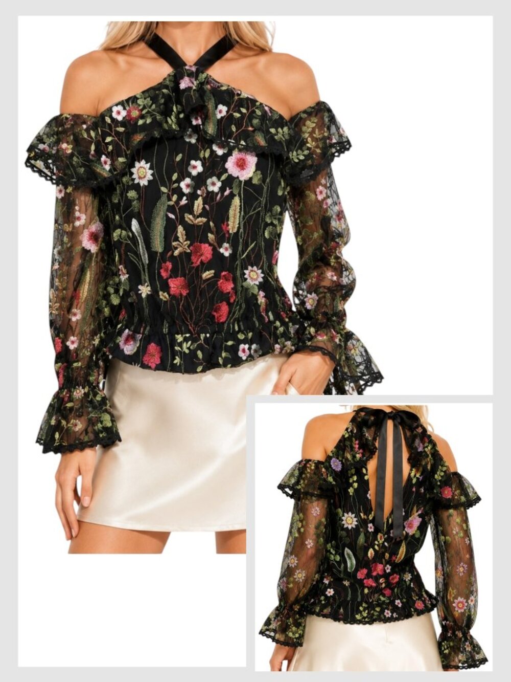 Alexis Black Garden Semi Sheer Embroidered Top M